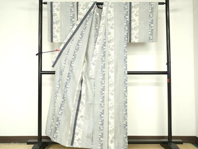 平和屋着物▽小千谷紬　単衣　花間道　正絹　逸品　DABF3309op
