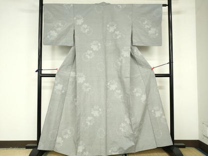 平和屋着物▽上質な紬　単衣　雪輪舞蝶文　正絹　逸品　DABF3312op