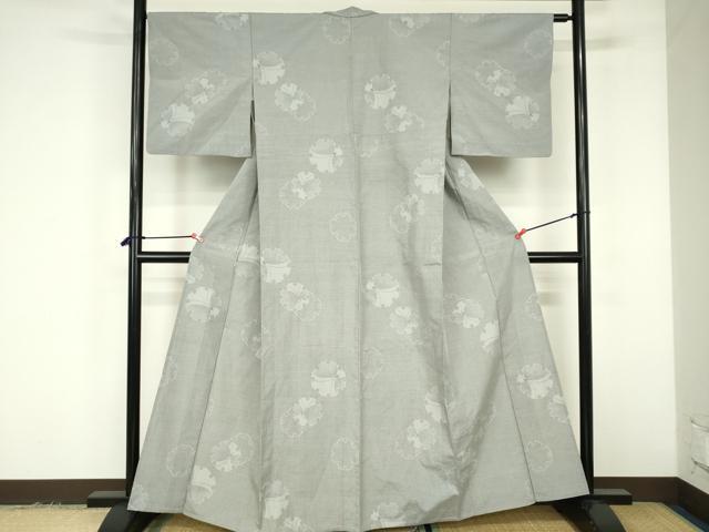 平和屋着物▽上質な紬　単衣　雪輪舞蝶文　正絹　逸品　DABF3312op