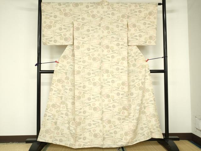 平和屋着物▽本塩沢　単衣　流水花文　正絹　逸品　DABF3313op