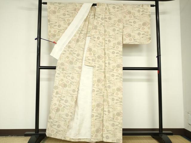 平和屋着物▽本塩沢　単衣　流水花文　正絹　逸品　DABF3313op