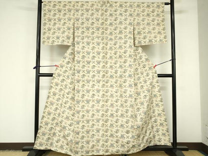平和屋着物▽上質な紬　単衣　井絣　草花　正絹　逸品　DABF3316op