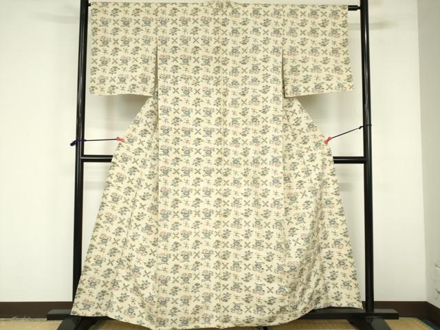 平和屋着物▽上質な紬　単衣　井絣　草花　正絹　逸品　DABF3316op