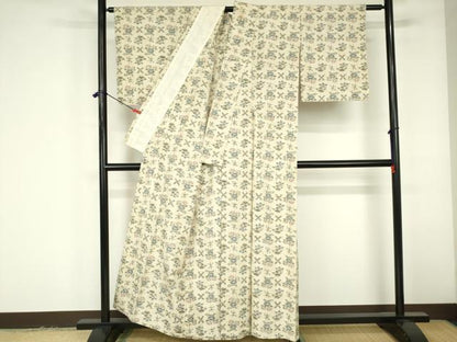平和屋着物▽上質な紬　単衣　井絣　草花　正絹　逸品　DABF3316op