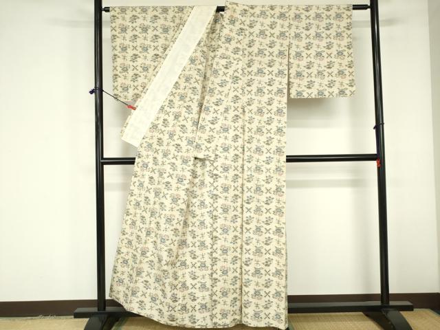 平和屋着物▽上質な紬　単衣　井絣　草花　正絹　逸品　DABF3316op