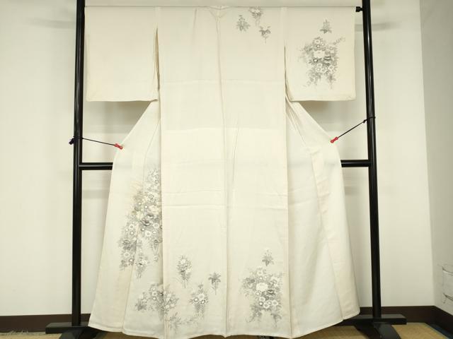 平和屋着物▽訪問着　単衣　手描き　草花　正絹　逸品　DABF3317op
