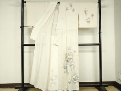 平和屋着物▽訪問着　単衣　手描き　草花　正絹　逸品　DABF3317op
