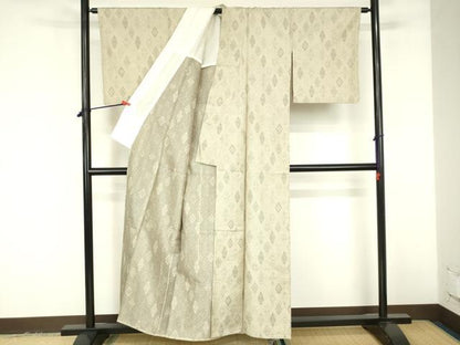 平和屋着物▽上質な紬　単衣　幾何学文様　正絹　逸品　DABF3319op