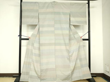 平和屋着物▽上質なお召　単衣　横段文　正絹　逸品　DABF3323op