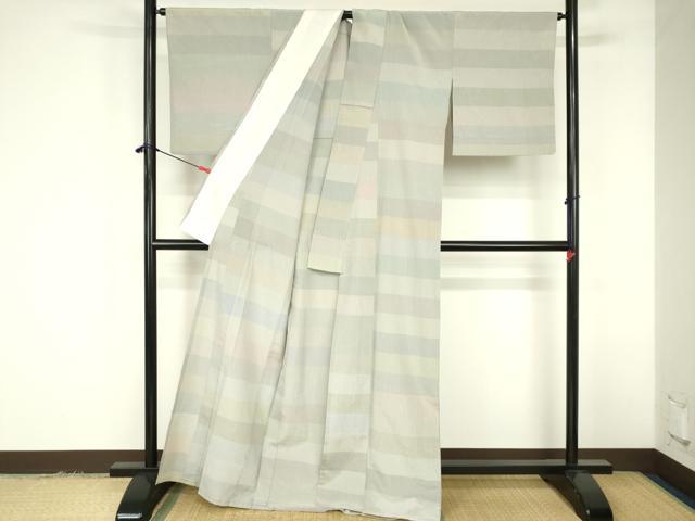 平和屋着物▽上質なお召　単衣　横段文　正絹　逸品　DABF3323op