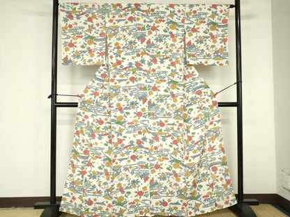 平和屋着物▽上質な小紋　単衣　流水風景花文　正絹　逸品　DABF3327op