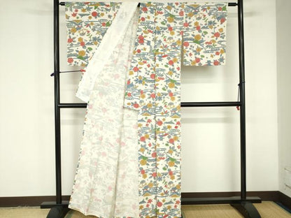 平和屋着物▽上質な小紋　単衣　流水風景花文　正絹　逸品　DABF3327op