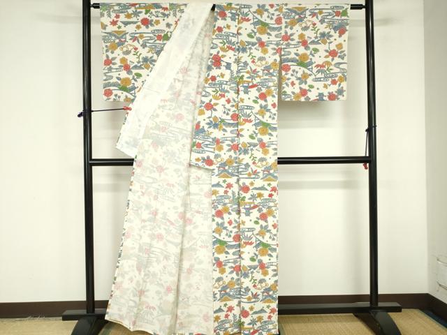 平和屋着物▽上質な小紋　単衣　流水風景花文　正絹　逸品　DABF3327op