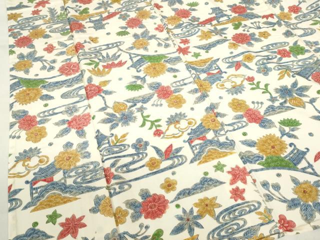 平和屋着物▽上質な小紋　単衣　流水風景花文　正絹　逸品　DABF3327op