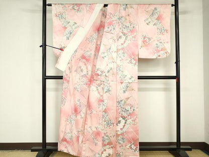 平和屋着物▽上質な小紋　単衣　扇面花文　暈し染め　金彩　正絹　逸品　DABF3328op