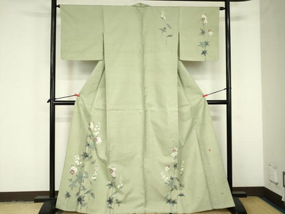 平和屋着物▽訪問着　単衣　白山紬　友禅　作家物　草花　正絹　逸品　DABF3329op