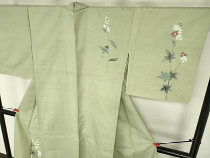 平和屋着物▽訪問着　単衣　白山紬　友禅　作家物　草花　正絹　逸品　DABF3329op