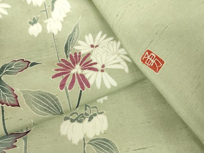 平和屋着物▽訪問着　単衣　白山紬　友禅　作家物　草花　正絹　逸品　DABF3329op