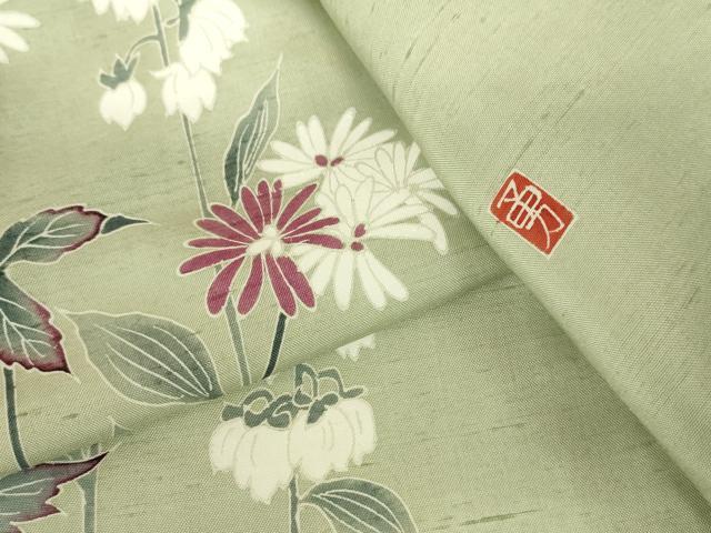 平和屋着物▽訪問着　単衣　白山紬　友禅　作家物　草花　正絹　逸品　DABF3329op