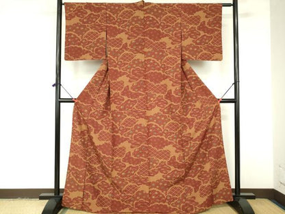 平和屋着物▽上質な小紋　単衣　笹の葉器物花文　正絹　逸品　DABF3331op