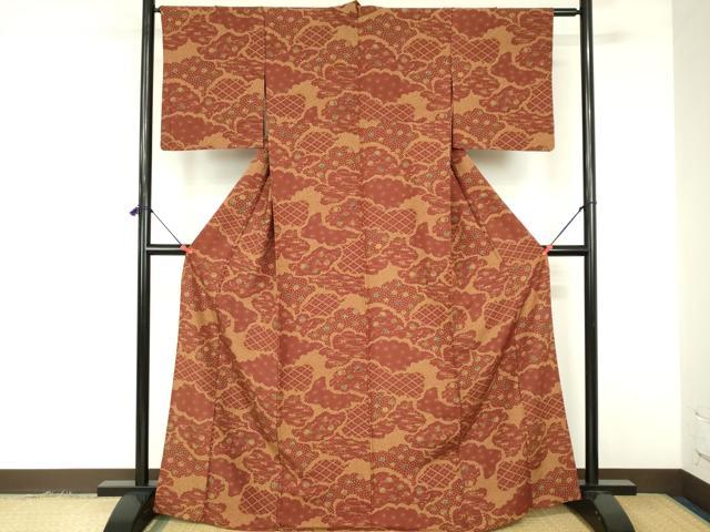 平和屋着物▽上質な小紋　単衣　笹の葉器物花文　正絹　逸品　DABF3331op
