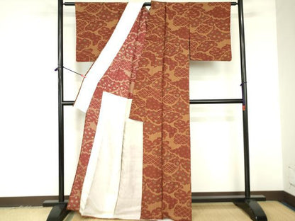 平和屋着物▽上質な小紋　単衣　笹の葉器物花文　正絹　逸品　DABF3331op