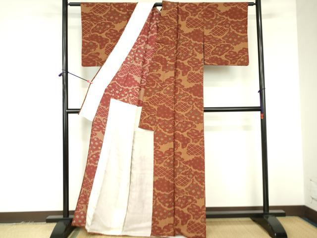 平和屋着物▽上質な小紋　単衣　笹の葉器物花文　正絹　逸品　DABF3331op