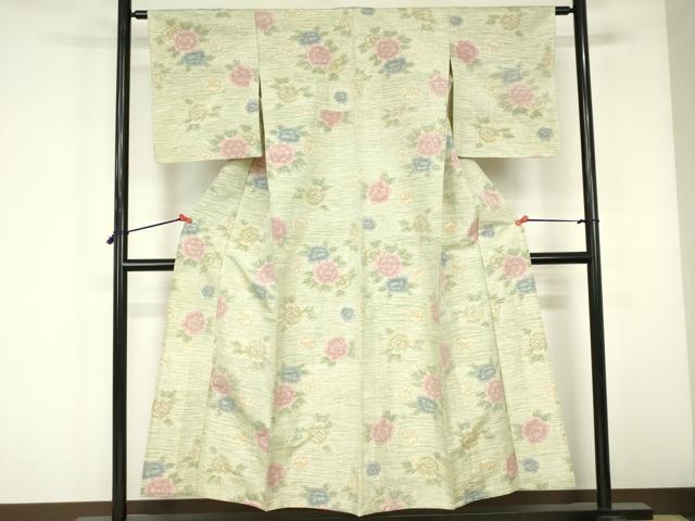 平和屋着物▽上質な紬　単衣　牡丹　正絹　逸品　DABF3335op