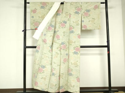 平和屋着物▽上質な紬　単衣　牡丹　正絹　逸品　DABF3335op