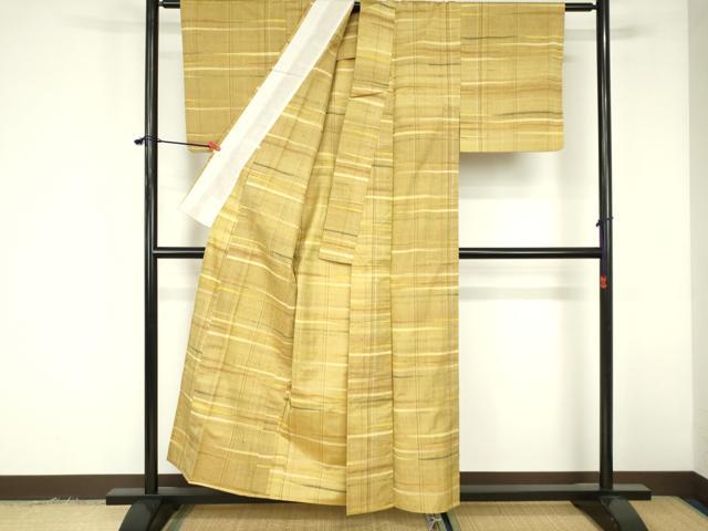 平和屋着物▽上質な紬　単衣　横段文　正絹　逸品　DABF3338op
