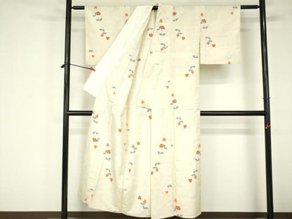 平和屋着物▽上質な紬 　単衣　 草花　正絹　逸品　未使用　DABF3339op