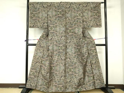 平和屋着物▽上質な紬　単衣　風景文　正絹　逸品　DABF3340op