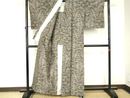 平和屋着物▽上質な紬　単衣　風景文　正絹　逸品　DABF3340op