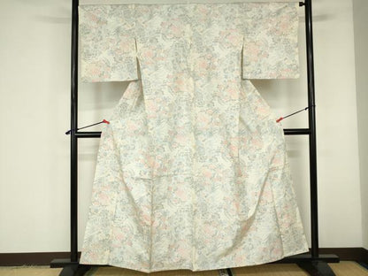 平和屋着物▽上質な紬　単衣　草花文　正絹　逸品　DABF3344op