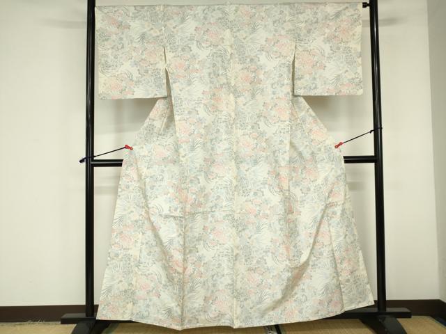 平和屋着物▽上質な紬　単衣　草花文　正絹　逸品　DABF3344op