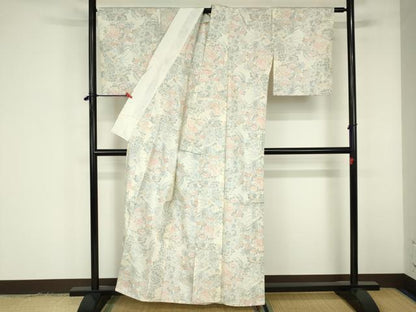 平和屋着物▽上質な紬　単衣　草花文　正絹　逸品　DABF3344op