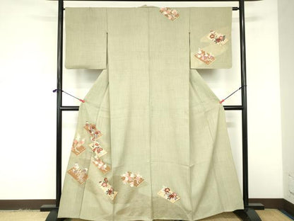 平和屋着物▽中国三大刺繍　相良刺繍　訪問着　単衣　花筏文　金彩　正絹　逸品　DABF3349op