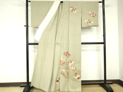 平和屋着物▽中国三大刺繍　相良刺繍　訪問着　単衣　花筏文　金彩　正絹　逸品　DABF3349op