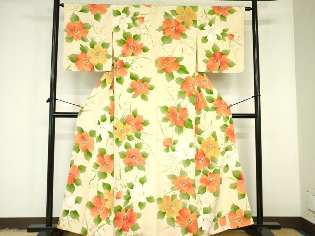 平和屋着物▼上質な小紋　手描き　草花　正絹　逸品　DABF3376op