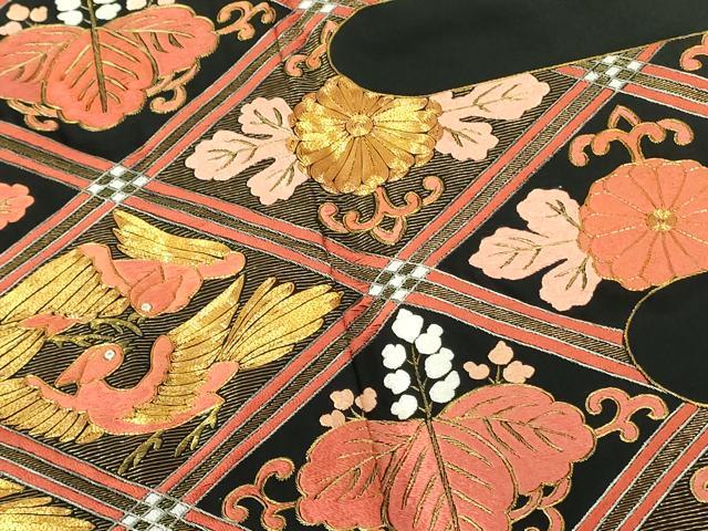平和屋着物▼豪華黒留袖　駒刺繍　総刺繍　花鳥菱文　金糸　正絹　逸品　DABF3383op