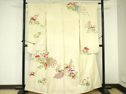 平和屋着物▼豪華振袖　駒刺繍　総刺繍　絞り　孔雀花文　金銀糸　正絹　逸品　DABF3398op