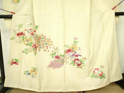 平和屋着物▼豪華振袖　駒刺繍　総刺繍　絞り　孔雀花文　金銀糸　正絹　逸品　DABF3398op