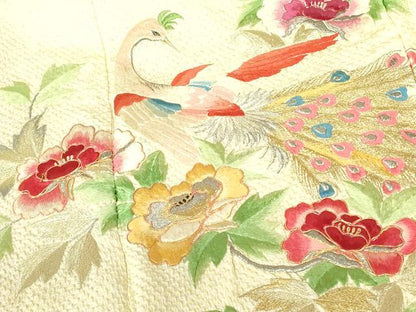 平和屋着物▼豪華振袖　駒刺繍　総刺繍　絞り　孔雀花文　金銀糸　正絹　逸品　DABF3398op