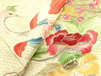 平和屋着物▼豪華振袖　駒刺繍　総刺繍　絞り　孔雀花文　金銀糸　正絹　逸品　DABF3398op