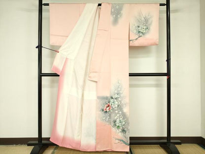 平和屋着物▼訪問着　手描き　牡丹　枝梅　暈し染め　正絹　逸品　DABF3419op