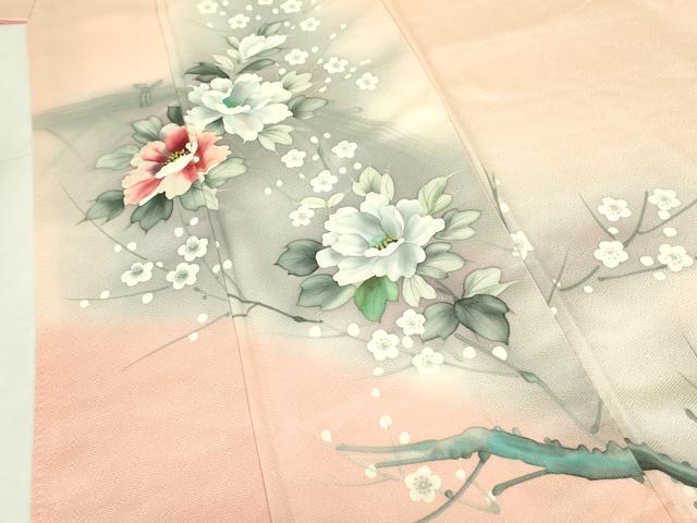 平和屋着物▼訪問着　手描き　牡丹　枝梅　暈し染め　正絹　逸品　DABF3419op