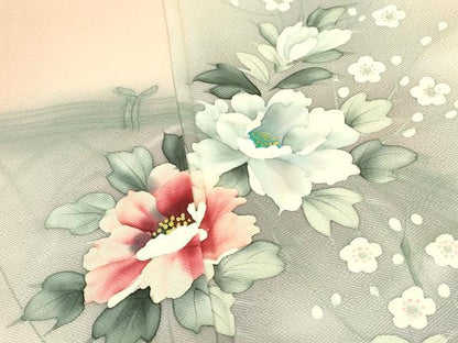 平和屋着物▼訪問着　手描き　牡丹　枝梅　暈し染め　正絹　逸品　DABF3419op