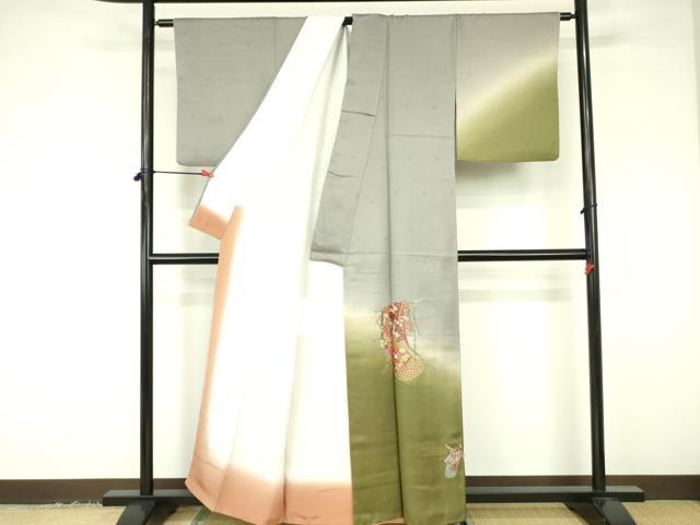 平和屋着物▼訪問着　総刺繍　誰が袖花文　暈し染め　金彩　正絹　逸品　DABF3421op