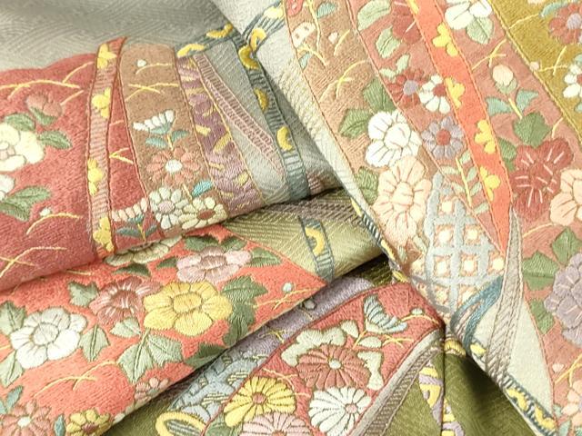 平和屋着物▼訪問着　総刺繍　誰が袖花文　暈し染め　金彩　正絹　逸品　DABF3421op