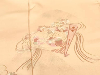 平和屋着物▼訪問着　総刺繍　鴛鴦扇面花文　暈し染め　正絹　逸品　DABF3432op